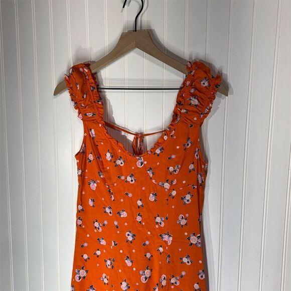 Free People S Orange Floral Mini Dress Ruffle Hem Tie Back Linen Blend Cottage - Picture 2 of 10
